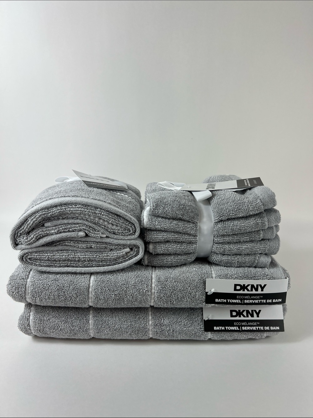 DKNY Bath Towel Set Eco Melange Light Gray White Soft Cotton Set of 8 NEW